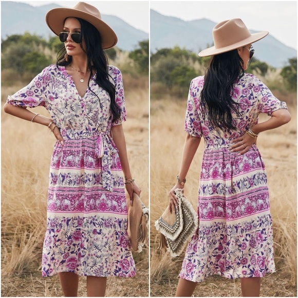 boho floral print v neck belted side slit dress - Picture 5 of 6